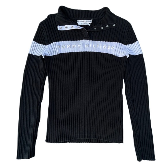 Vintage 90s Tommy Hilfiger Black White Long Sleeve Sweatshirt Sweater - Picture 1 of 10